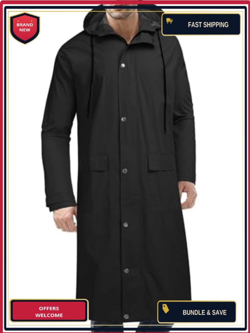 Men's Long Waterproof Raincoat Hooded Trench Jacket Nylon Polyester Windbreaker - Picture 1 of 6